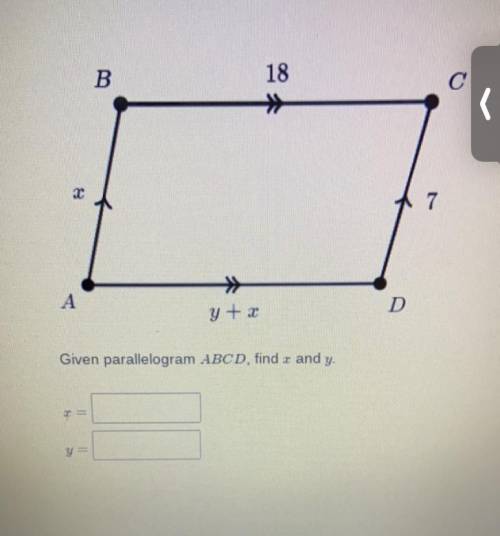 Given parallelogram abc, find x and y