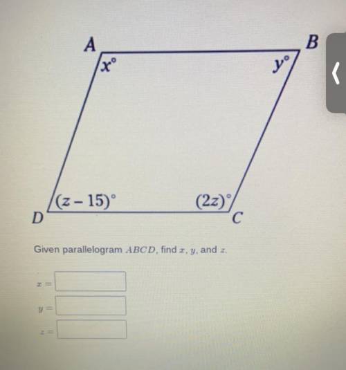 Given parallelogram abcd, find x,y, and z