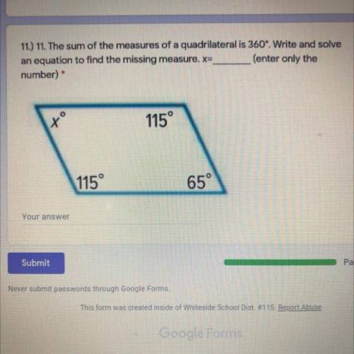 The sum of the measures of a quadrilateral is 360.write and solve an equation to find the missing m