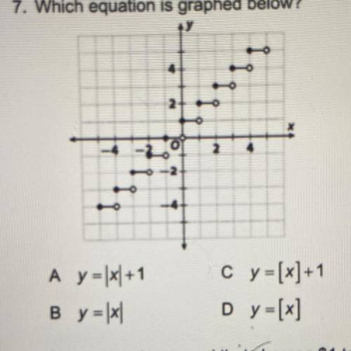 7. Which equation is graphed below?
A. y = x + 1
B. y = |x|
C. y = [x]+1
D. y =[x]