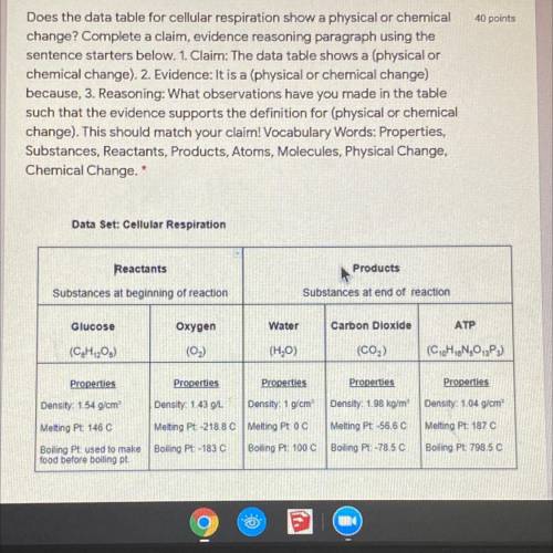 Does the data table for cellular respiration show a physical or chemical change?