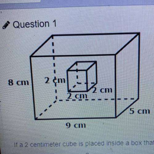 If a 2 centimeter cube is placed inside a box that is 9 cm by 5 cm by 8 cm, what is the volume insi