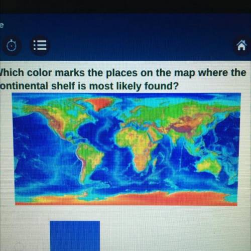 Which color marks the places on the map where the continental shelf is most likely found?