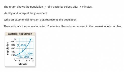 How do you solve this?

The graph shows the population y of a bacterial colony after x minutes.Ide