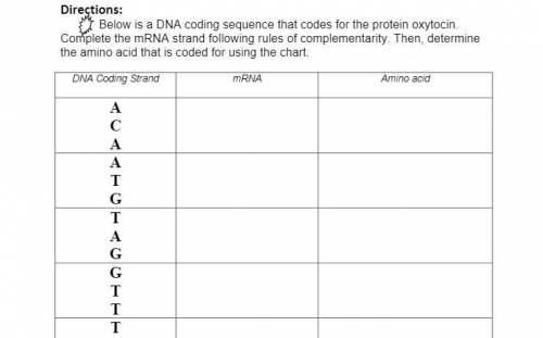 Below is a DNA coding sequence that codes for the protein oxytocin. Complete the mRNA strand follow