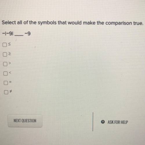 Select all of the symbols that would make the comparison true.
-|-9| __-9