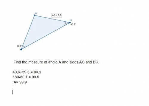 Find the measure of angle A and sides AC and BC.