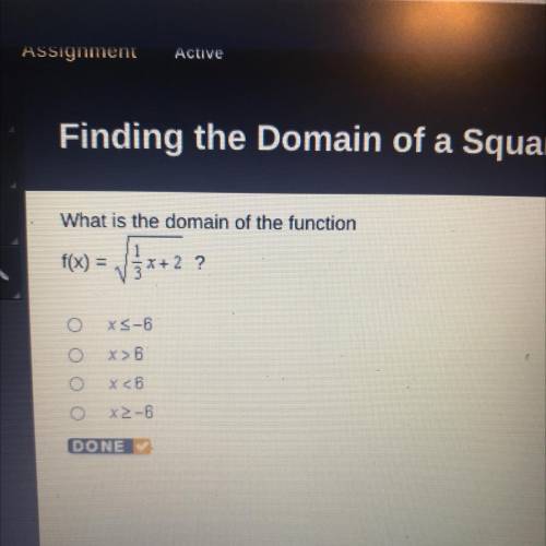 What is the domain of the function

f(x) =
x+2 ?
3
XS-6
X>6
O
X 36
x2-6
DONE