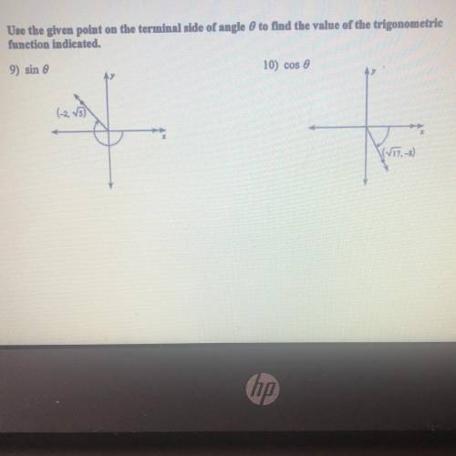 Use the given point on the terminal side of angle 0 to find the value of the trigonometric

functi