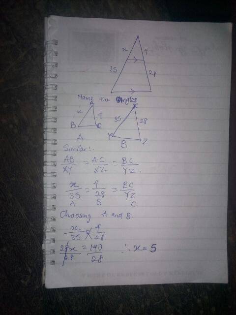 Use the side-splitter theorem to solve for x in the triangle below.
4
X
35
28