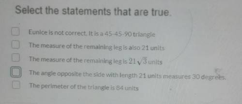 A right triangle has a leg with a length of 21 units and a hypotenuse with a length of 21 V2 units