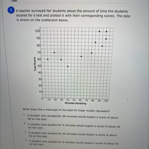 A teacher surveyed her students about the amount of time the students

studied for a test and plot