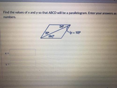 Find the values of x and y so that ABCD will be a parallelogram. Enter your answers as numbers