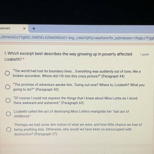 1. Which excerpt best describes the way growing up in poverty affected
Lizabeth? *