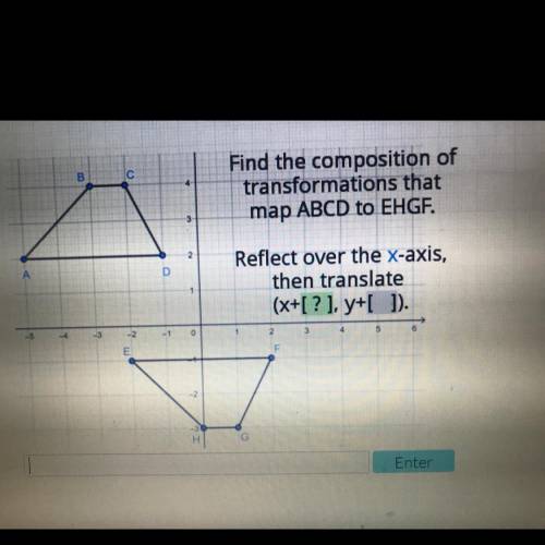 Find the composition of

transformations that
map ABCD to EHGF.
Reflect over the x-axis,
then tran