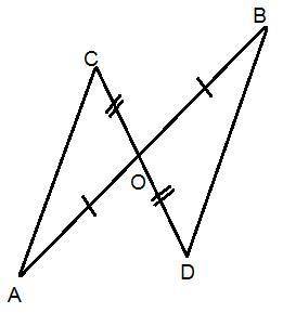 In figure AB and CD bisect each other at O. State the 3 pairs of equal parts in ∆AOC and ∆BOD. Is ∆
