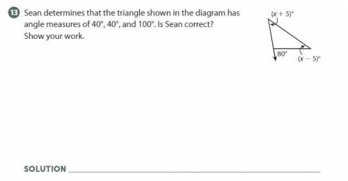 Sean determines that the triangle shown in the diagram has angle measures of 40°, 40°, and 100°. Is