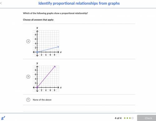 Which of the following graphs show a proportional relationship?

Choose all answers that apply:
Ch