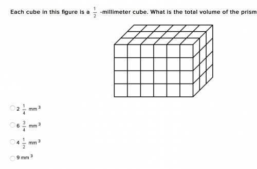 Each cube in this figure is a -millimeter cube. What is the total volume of the prism?

2 mm 3
6 m