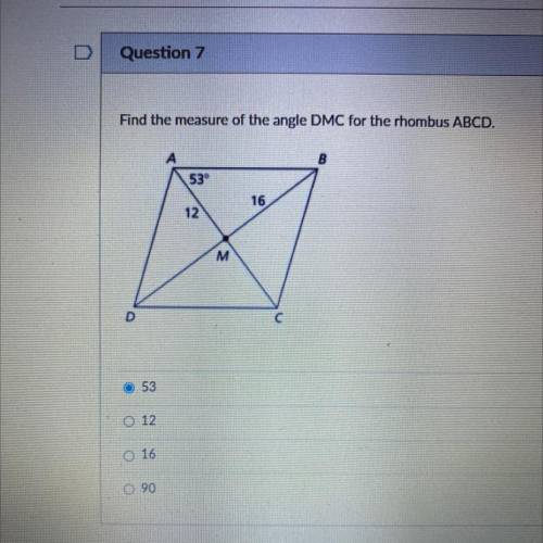 Find the measure of the angle DMC for the rhombus ABCD.