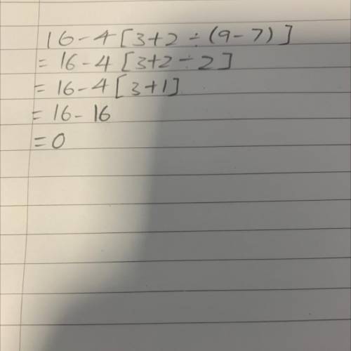 Simplify the expression 16-4[3+2÷(9-7)]​