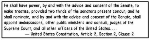 1. Under article 2, section 2, clause 2, what role does the senate play in the appointment of ambas