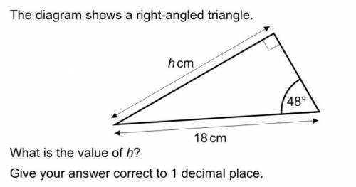 The diagram shows a right-angled triangle. 48° 18 cm. What is the value of h? Give your answer corr