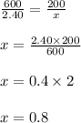 \frac{600}{2.40}  =  \frac{200}{x} \\  \\ x =  \frac{2.40 \times 200}{600}   \\  \\ x = 0.4 \times 2 \\  \\ x = 0.8