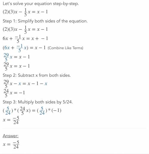 Solve this equation. \large \frac{2}{3}x-\frac{1}{5}x=x-1