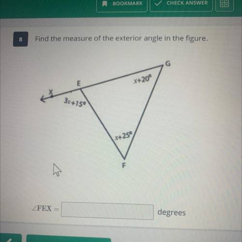 Find the maeasure of the exterior angle in the figure
FEX=