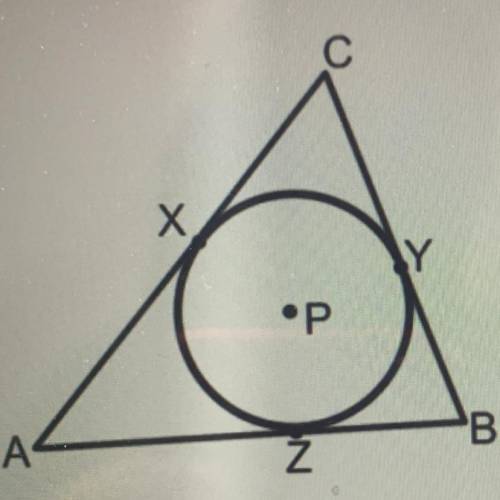 Triangle ABC is circumscribed about circle P. Points X, Y, and Z are the points of tangency.

XC=1