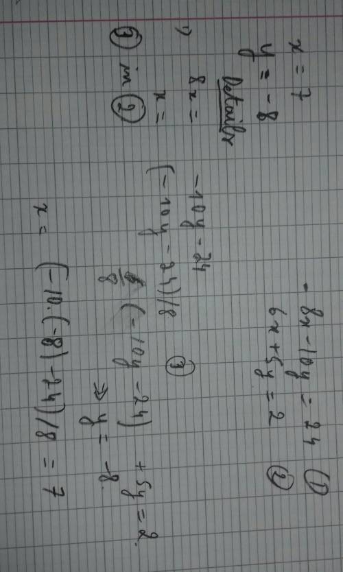 Solve the following system using elimination tech
-8x-10y=24
6x+5y=2