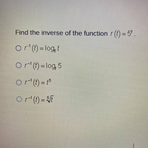 Find the inverse of the function r(t) = 54.
Orl= log1
Or-'=log, 5
or'(0) = 16
Or' ()