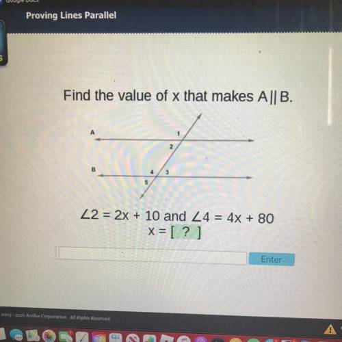Find the value of x that makes A || B.

1
2.
4
3
5
Z2 = 2x + 10 and 24 = 4x + 80
x= [?]