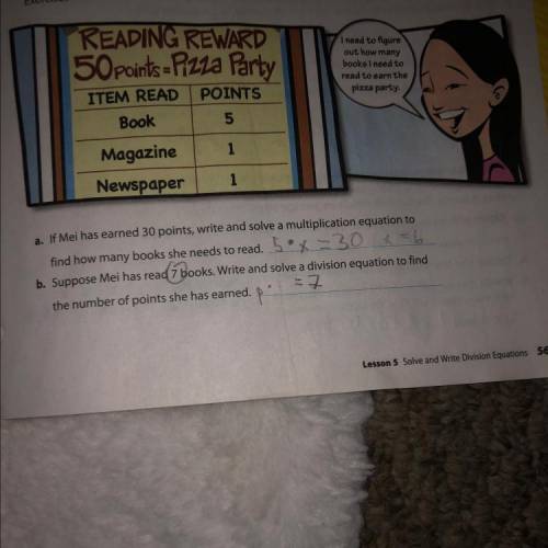 Suppose Mei has read 7 books. Write and solve a division equation to find the number of points she