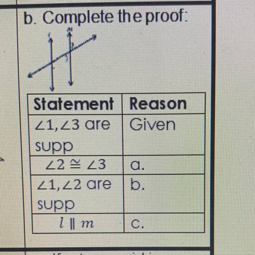 B. Complete the proof:

Statement Reason
21,23 are Given
Supp
22 23 a.
21,22 are b.
supp
1 || m
C.