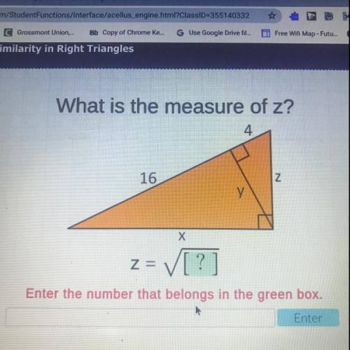 What is the measure of z?
4
16
Z
y
X
Z=
= ✓[?]