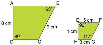 In the similar quadrilaterals below, what is the measure of ∠F?

90°
126°
63°
31.5°