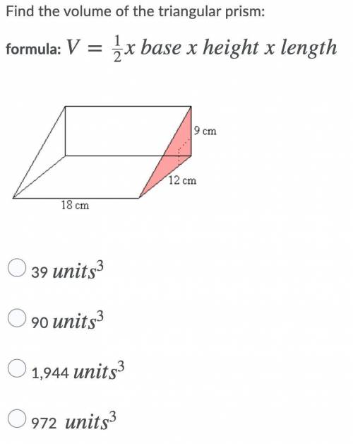 *WILL GIVE BRAINLIEST 15 POINTS*

Find the volume of the triangular prism:
formula: V=12x base x h