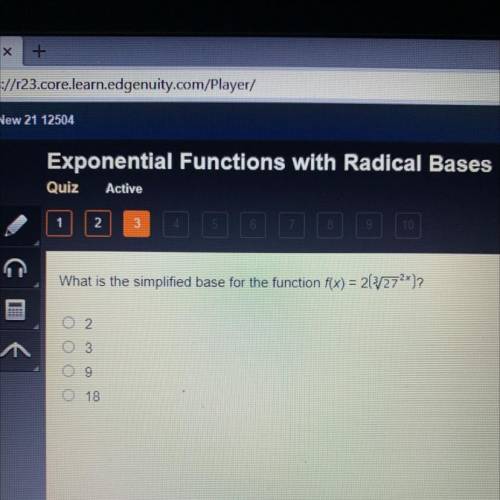 What is the simplified base for the function f(x) = 2(7272x)?
02
O 3
O 9
O 18