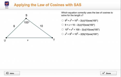 Which equation correctly uses the law of cosines to solve for the length s?