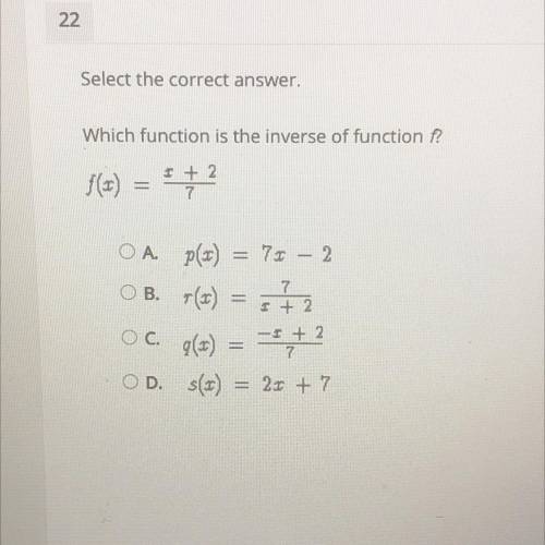 Which function is the inverse of function f?

f(1) = 72
OA P(x) = 70 - 2
OB. (1) = 72
oc. g(x) =