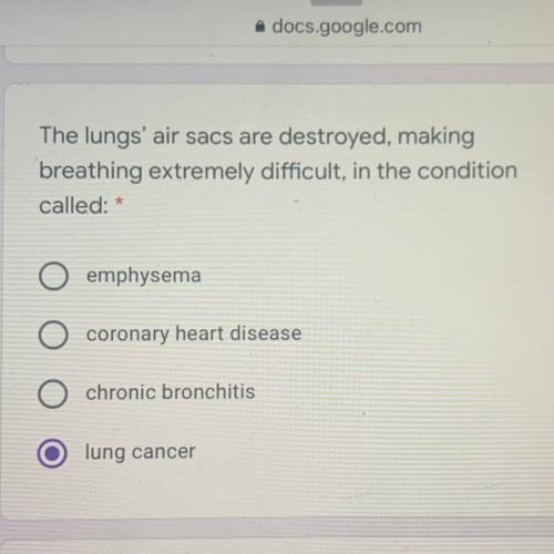 The lungs' air sacs are destroyed, making

breathing extremely difficult, in the condition
called
