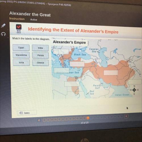 Check

Match the labels to the diagram.
Alexander's Empire
Egypt
India
Caspian
Sea
Macedonia
Persi
