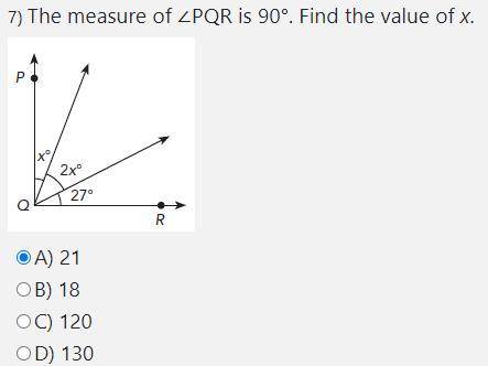 The measure of ∠PQR is 90°. Find the value of x.