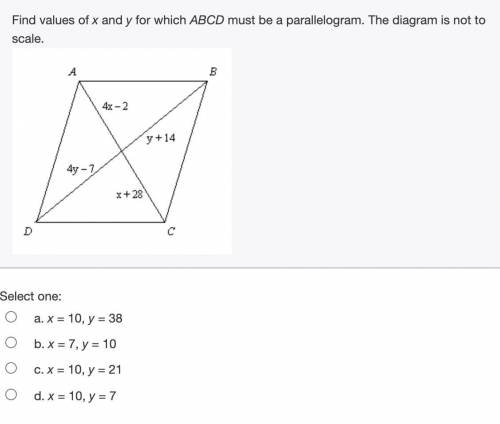 Find values of x and y for which ABCD must be a parallelogram. The diagram is not to
scale.