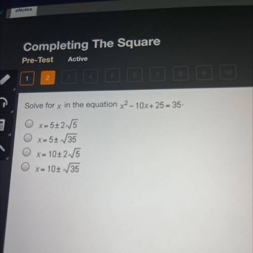 Solve for x in equation x^2-10x25=35