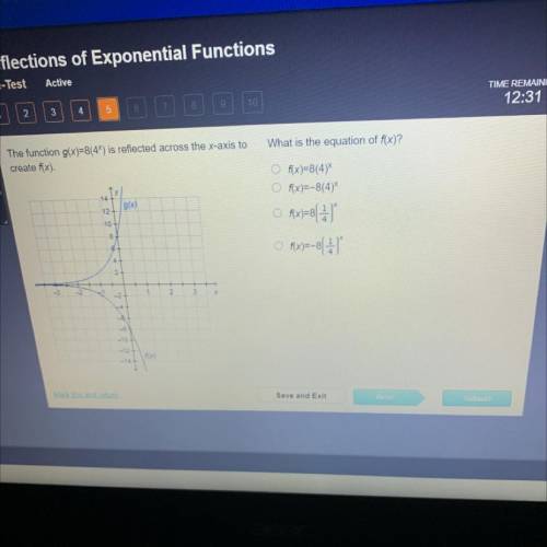 What is the equation of f(x)?

The function g(x)=8(44) is reflected across the x-axis to
create f(