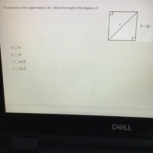 I NEED HELP ASAPPP

3.
The perimeter of the square below is 36. What is the length of the diagonal