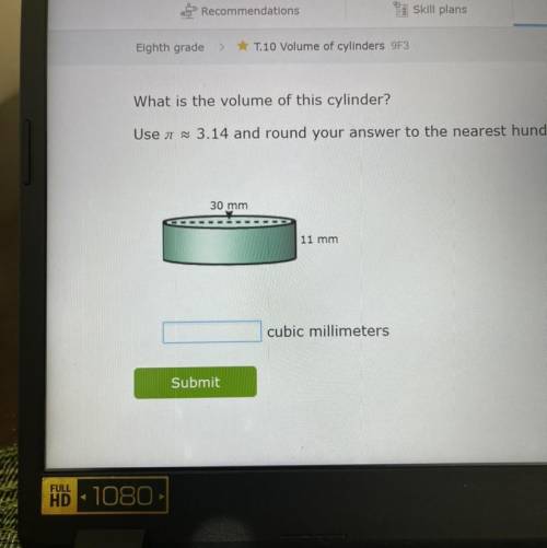 What is the volume of this cylinder use 3.14